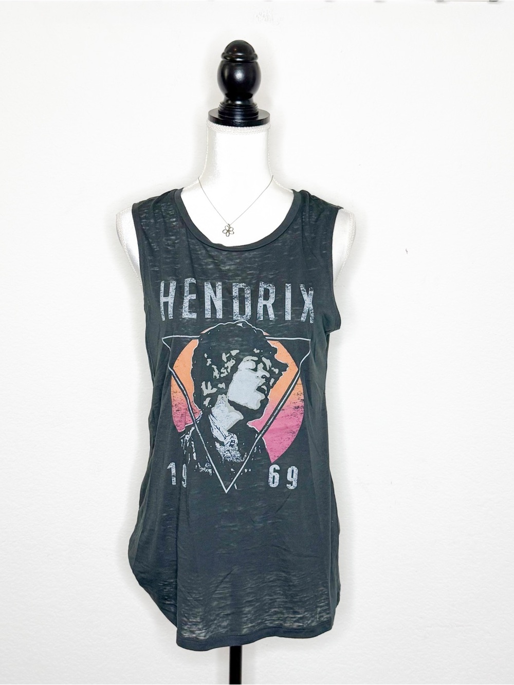 Jimi Hendrix Graphic Tank Top Burnout Sleeveless Longline Tee Black Women's Med